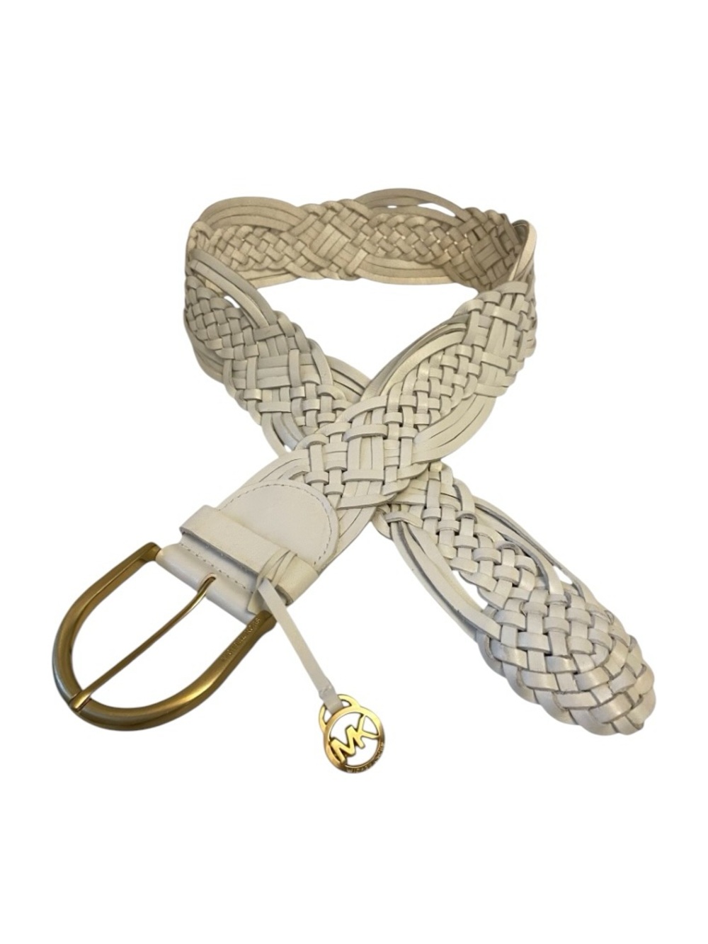 Michael Michael Kors White Woven Leather Belt With Gold Buckle Sz M